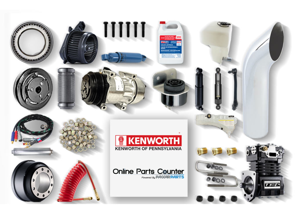 Kenworth of Pennsylvania logo surrounded by various truck parts including a brake drum and an exhaust pipe.