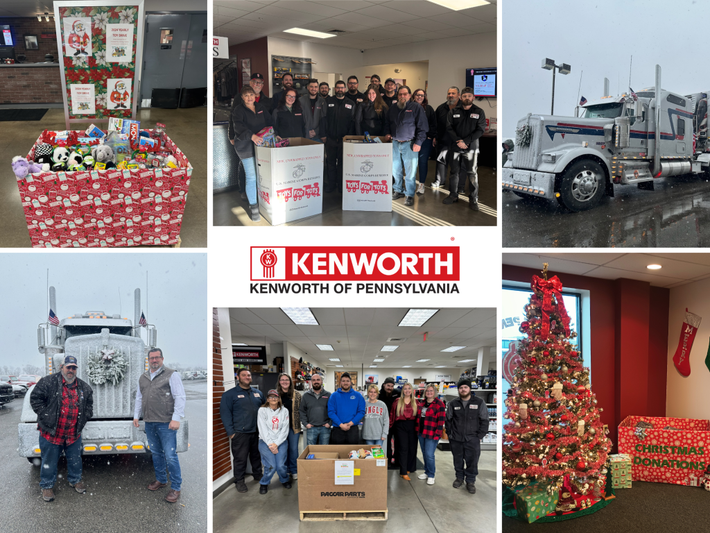 Kenworth of Pennsylvania holiday collage with toy donations, employee photos, festive trucks, and Christmas gifts.