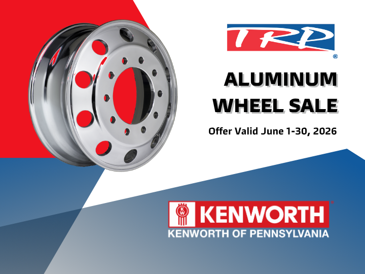 TRP aluminum wheel sale promotion featuring a polished aluminum wheel and offer valid June 1–30, 2026, from Kenworth of Pennsylvania.