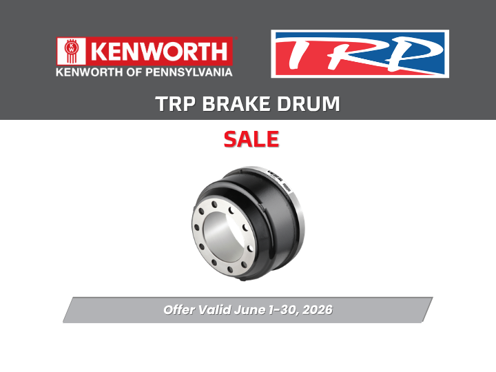 TRP brake drum sale promotion from Kenworth of Pennsylvania featuring a brake drum and offer valid June 1–30, 2026.